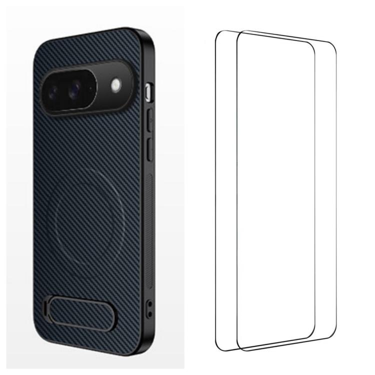 WANLONFENG Kickstand Carbon Fiber Texture Magnetic Phone Case with 2pcs Screen Films, For Google Pixel 10a, For Google Pixel 10 Pro XL, For Google Pixel 10 Pro, For Google Pixel 10, For Google Pixel 9a, For Google Pixel 9 Pro XL, For Google Pixel 9 Pro...