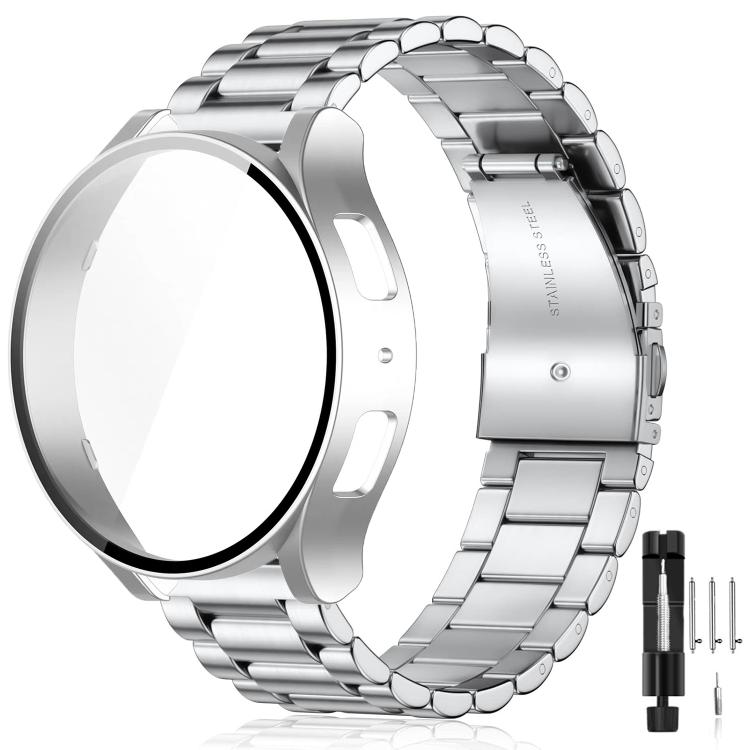 Tri-Beads Stainless Steel Watch Band with Film Integrated PC Case and Strap Link Remover Set, For Samsung Galaxy Watch7 44mm, For Samsung Galaxy Watch7 40mm, For Samsung Galaxy Watch6 44mm, For Samsung Galaxy Watch6 40mm, For Samsung Galaxy Watch5 44mm...
