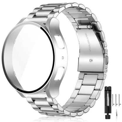 Tri-Beads Stainless Steel Watch Band with Film Integrated PC Case and Strap Link Remover Set, For Samsung Galaxy Watch7 44mm, For Samsung Galaxy Watch7 40mm, For Samsung Galaxy Watch6 44mm, For Samsung Galaxy Watch6 40mm, For Samsung Galaxy Watch5 44mm...