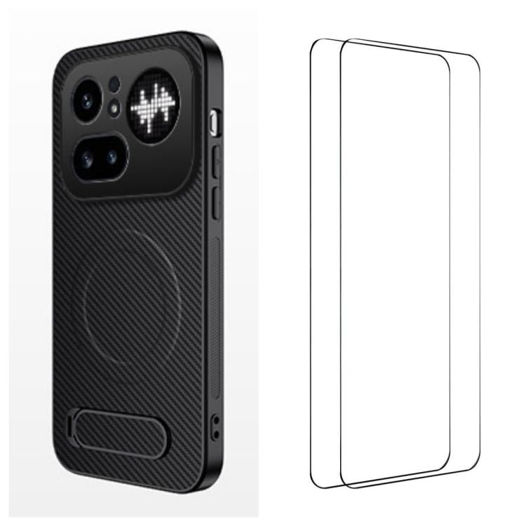 WANLONFENG Kickstand Carbon Fiber Texture Magnetic Phone Case with 2pcs Screen Films, For Nothing Phone 4a Pro, For Nothing Phone 4a