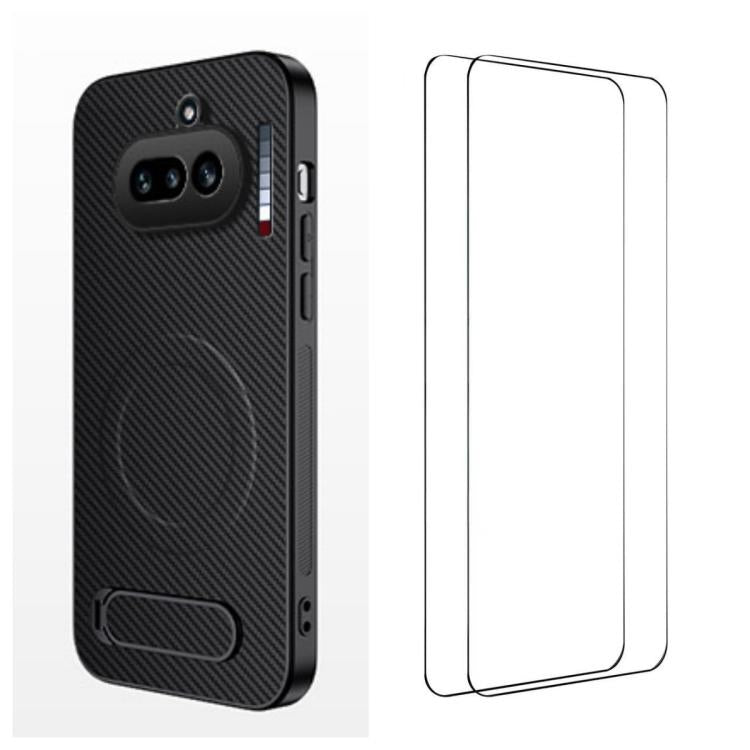 WANLONFENG Kickstand Carbon Fiber Texture Magnetic Phone Case with 2pcs Screen Films, For Nothing Phone 4a Pro, For Nothing Phone 4a