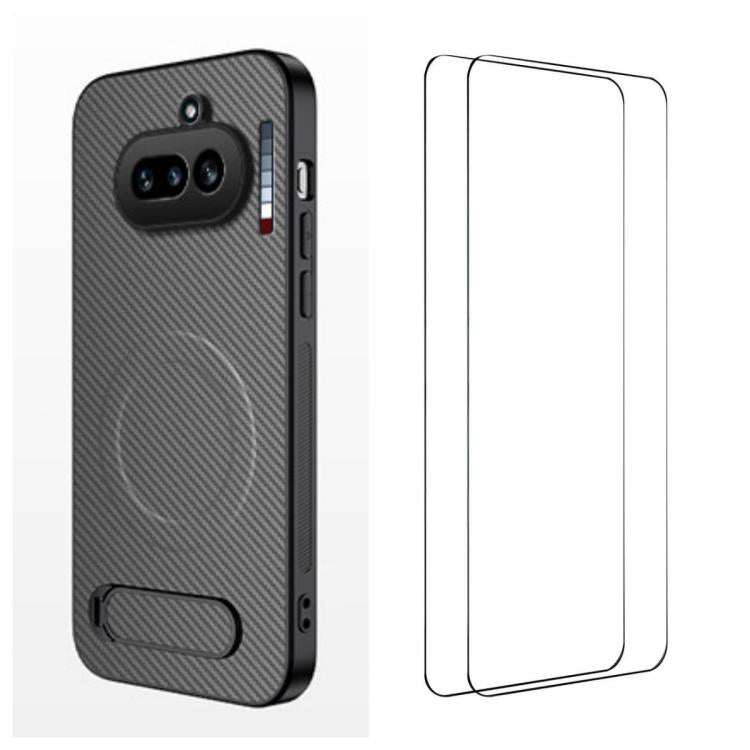 WANLONFENG Kickstand Carbon Fiber Texture Magnetic Phone Case with 2pcs Screen Films, For Nothing Phone 4a Pro, For Nothing Phone 4a