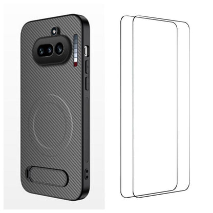 WANLONFENG Kickstand Carbon Fiber Texture Magnetic Phone Case with 2pcs Screen Films, For Nothing Phone 4a Pro, For Nothing Phone 4a