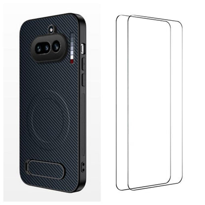 WANLONFENG Kickstand Carbon Fiber Texture Magnetic Phone Case with 2pcs Screen Films, For Nothing Phone 4a Pro, For Nothing Phone 4a