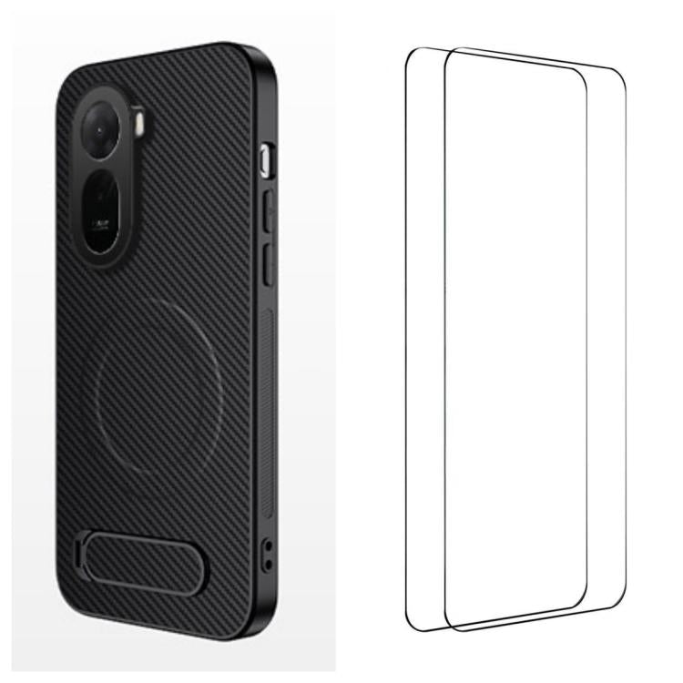 WANLONFENG Kickstand Carbon Fiber Texture Magnetic Phone Case with 2pcs Screen Films, For Redmi A7 Pro 171mm / Poco C85x 5G, For Redmi 15a 5G, For Redmi Turbo 5 Max / Poco X8 Pro Max 5G, For Redmi Turbo 5 5G / Poco X8 Pro 5G                            ...