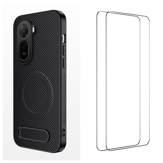 WANLONFENG Kickstand Carbon Fiber Texture Magnetic Phone Case with 2pcs Screen Films, For Redmi A7 Pro 171mm / Poco C85x 5G, For Redmi 15a 5G, For Redmi Turbo 5 Max / Poco X8 Pro Max 5G, For Redmi Turbo 5 5G / Poco X8 Pro 5G                            ...