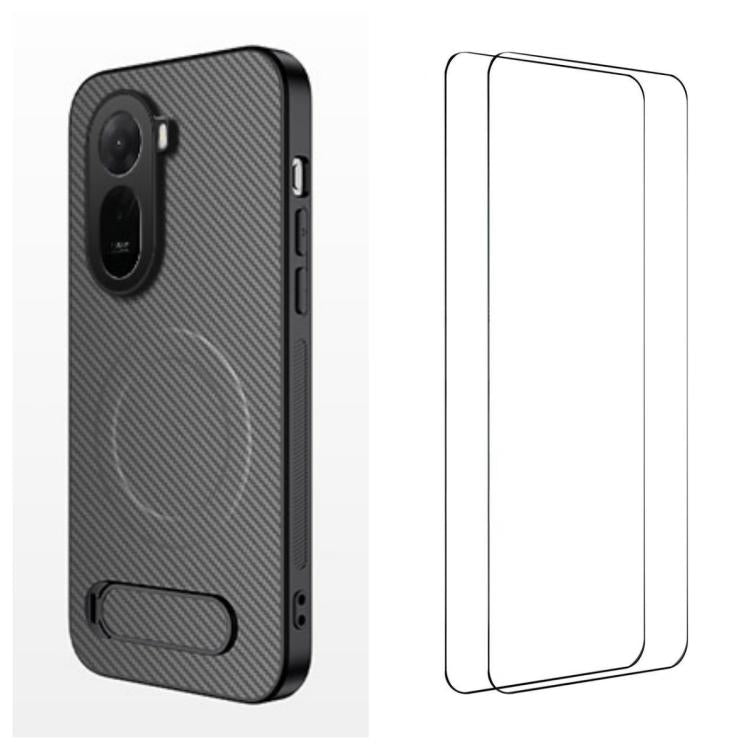 WANLONFENG Kickstand Carbon Fiber Texture Magnetic Phone Case with 2pcs Screen Films, For Redmi A7 Pro 171mm / Poco C85x 5G, For Redmi 15a 5G, For Redmi Turbo 5 Max / Poco X8 Pro Max 5G, For Redmi Turbo 5 5G / Poco X8 Pro 5G                            ...