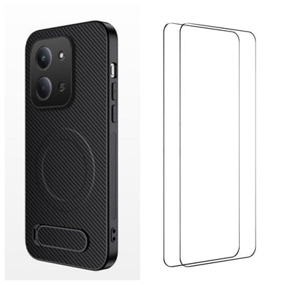 WANLONFENG Kickstand Carbon Fiber Texture Magnetic Phone Case with 2pcs Screen Films, For Redmi A7 Pro 171mm / Poco C85x 5G, For Redmi 15a 5G, For Redmi Turbo 5 Max / Poco X8 Pro Max 5G, For Redmi Turbo 5 5G / Poco X8 Pro 5G                            ...