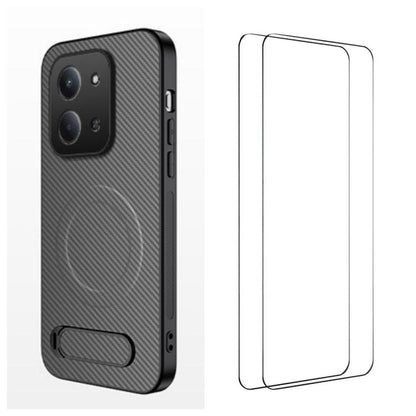 WANLONFENG Kickstand Carbon Fiber Texture Magnetic Phone Case with 2pcs Screen Films, For Redmi A7 Pro 171mm / Poco C85x 5G, For Redmi 15a 5G, For Redmi Turbo 5 Max / Poco X8 Pro Max 5G, For Redmi Turbo 5 5G / Poco X8 Pro 5G                            ...