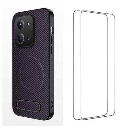 WANLONFENG Kickstand Carbon Fiber Texture Magnetic Phone Case with 2pcs Screen Films, For Redmi A7 Pro 171mm / Poco C85x 5G, For Redmi 15a 5G, For Redmi Turbo 5 Max / Poco X8 Pro Max 5G, For Redmi Turbo 5 5G / Poco X8 Pro 5G                            ...