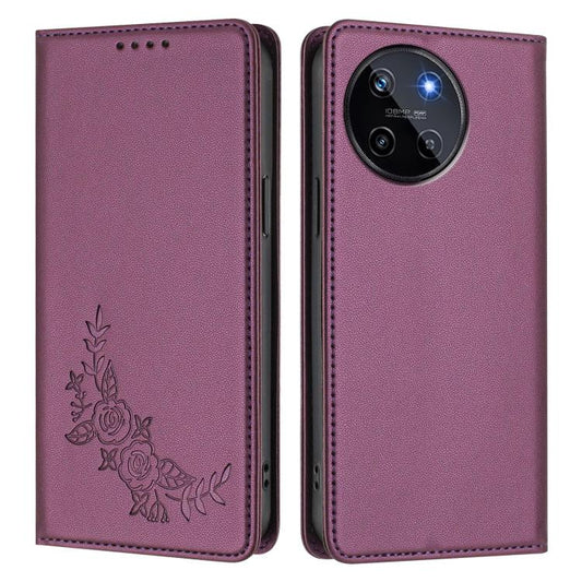 Peony Embossed Magnetic RFID Vegan Leather Phone Case, For Realme 11 4G, For Realme GT5 / GT5 240W, For Realme Narzo 60 Pro, For Realme C65 4G, For Realme C55 / Narzo N55, For Realme 10T / 10s, For Realme GT3 / GT Neo 5 240W