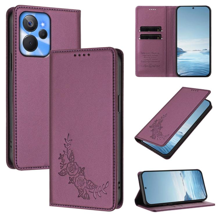 Peony Embossed Magnetic RFID Vegan Leather Phone Case, For Realme 11 4G, For Realme GT5 / GT5 240W, For Realme Narzo 60 Pro, For Realme C65 4G, For Realme C55 / Narzo N55, For Realme 10T / 10s, For Realme GT3 / GT Neo 5 240W