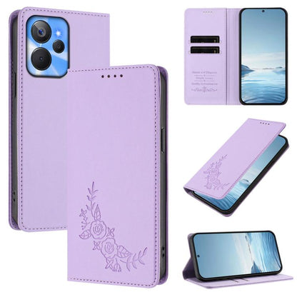 Peony Embossed Magnetic RFID Vegan Leather Phone Case, For Realme 11 4G, For Realme GT5 / GT5 240W, For Realme Narzo 60 Pro, For Realme C65 4G, For Realme C55 / Narzo N55, For Realme 10T / 10s, For Realme GT3 / GT Neo 5 240W