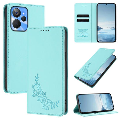 Peony Embossed Magnetic RFID Vegan Leather Phone Case, For Realme 11 4G, For Realme GT5 / GT5 240W, For Realme Narzo 60 Pro, For Realme C65 4G, For Realme C55 / Narzo N55, For Realme 10T / 10s, For Realme GT3 / GT Neo 5 240W