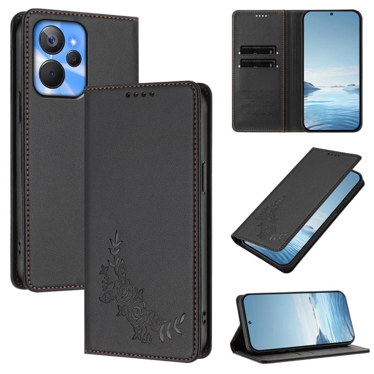 Peony Embossed Magnetic RFID Vegan Leather Phone Case, For Realme 11 4G, For Realme GT5 / GT5 240W, For Realme Narzo 60 Pro, For Realme C65 4G, For Realme C55 / Narzo N55, For Realme 10T / 10s, For Realme GT3 / GT Neo 5 240W