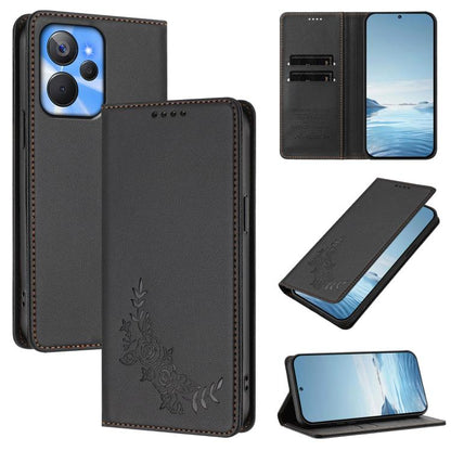 Peony Embossed Magnetic RFID Vegan Leather Phone Case, For Realme 11 4G, For Realme GT5 / GT5 240W, For Realme Narzo 60 Pro, For Realme C65 4G, For Realme C55 / Narzo N55, For Realme 10T / 10s, For Realme GT3 / GT Neo 5 240W