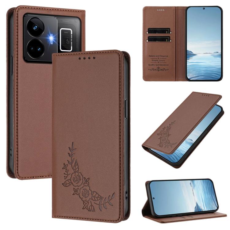 Peony Embossed Magnetic RFID Vegan Leather Phone Case, For Realme 11 4G, For Realme GT5 / GT5 240W, For Realme Narzo 60 Pro, For Realme C65 4G, For Realme C55 / Narzo N55, For Realme 10T / 10s, For Realme GT3 / GT Neo 5 240W