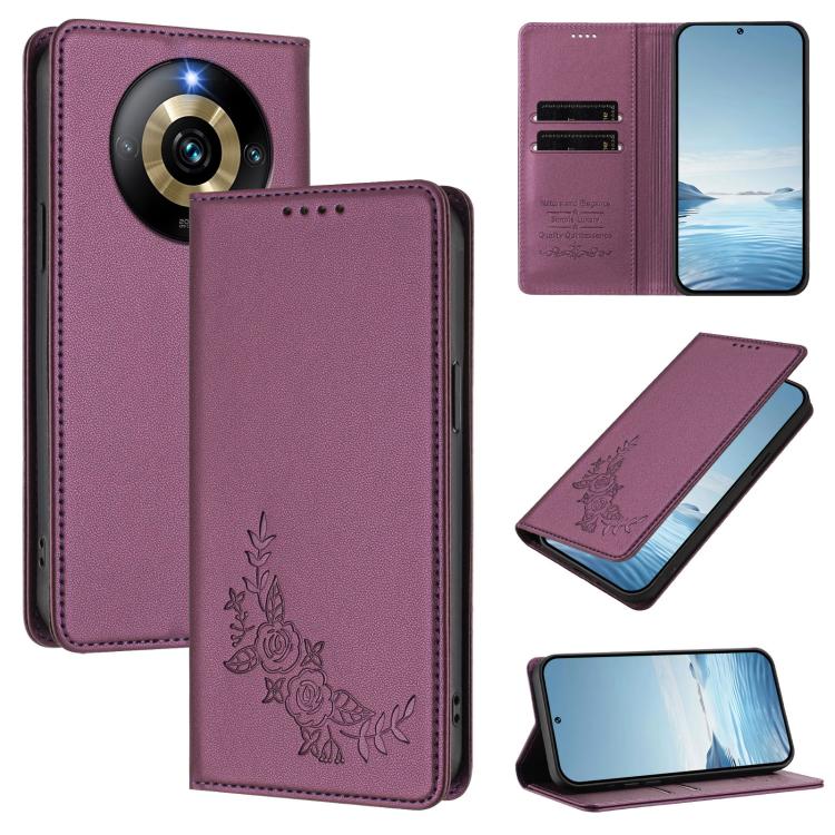 Peony Embossed Magnetic RFID Vegan Leather Phone Case, For Realme 11 4G, For Realme GT5 / GT5 240W, For Realme Narzo 60 Pro, For Realme C65 4G, For Realme C55 / Narzo N55, For Realme 10T / 10s, For Realme GT3 / GT Neo 5 240W