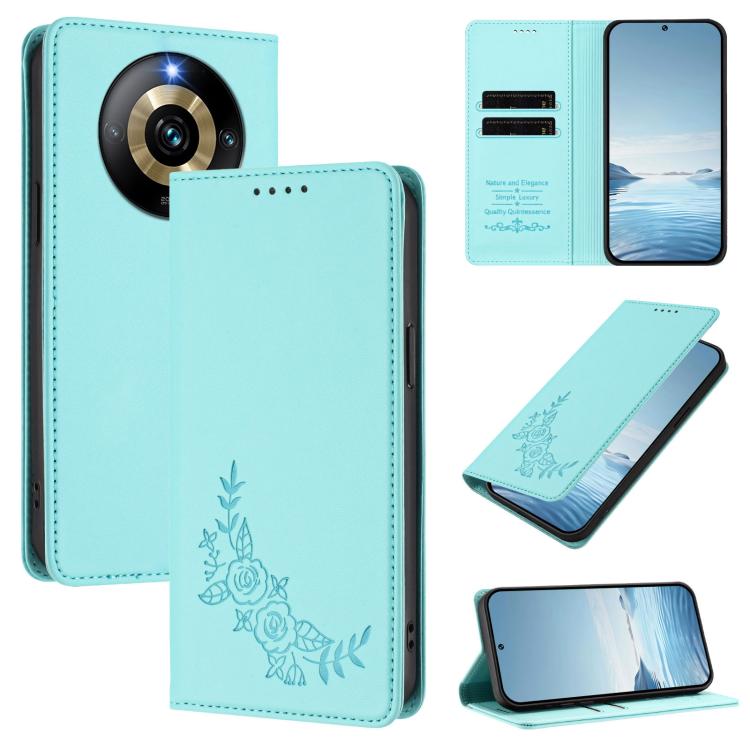 Peony Embossed Magnetic RFID Vegan Leather Phone Case, For Realme 11 4G, For Realme GT5 / GT5 240W, For Realme Narzo 60 Pro, For Realme C65 4G, For Realme C55 / Narzo N55, For Realme 10T / 10s, For Realme GT3 / GT Neo 5 240W