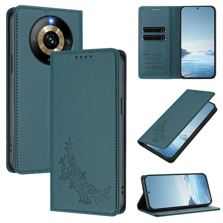 Peony Embossed Magnetic RFID Vegan Leather Phone Case, For Realme 11 4G, For Realme GT5 / GT5 240W, For Realme Narzo 60 Pro, For Realme C65 4G, For Realme C55 / Narzo N55, For Realme 10T / 10s, For Realme GT3 / GT Neo 5 240W