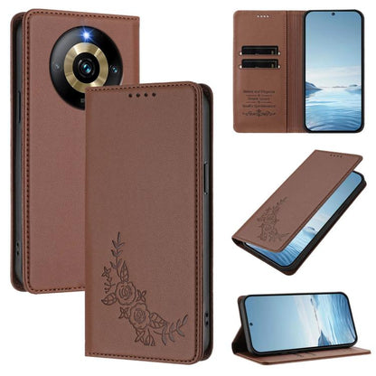 Peony Embossed Magnetic RFID Vegan Leather Phone Case, For Realme 11 4G, For Realme GT5 / GT5 240W, For Realme Narzo 60 Pro, For Realme C65 4G, For Realme C55 / Narzo N55, For Realme 10T / 10s, For Realme GT3 / GT Neo 5 240W