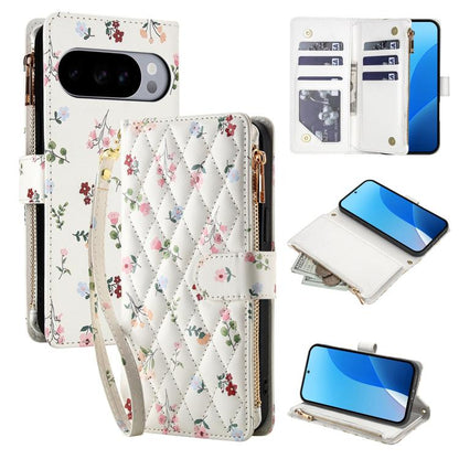 Flower Pattern Zipper Wallet Vegan Leather Phone Case with Lanyard, For Google Pixel 10 Pro XL / 9 Pro XL, For Google Pixel 10 / 10 Pro / 9 / 9 Pro