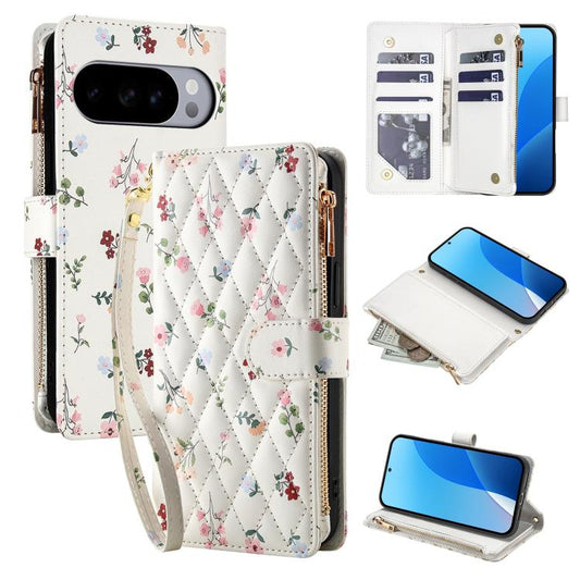 Flower Pattern Zipper Wallet Vegan Leather Phone Case with Lanyard, For Google Pixel 10 Pro XL / 9 Pro XL, For Google Pixel 10 / 10 Pro / 9 / 9 Pro