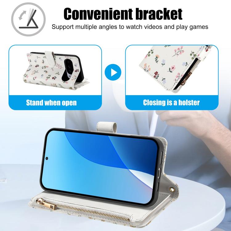 Flower Pattern Zipper Wallet Vegan Leather Phone Case with Lanyard, For Google Pixel 10 Pro XL / 9 Pro XL, For Google Pixel 10 / 10 Pro / 9 / 9 Pro