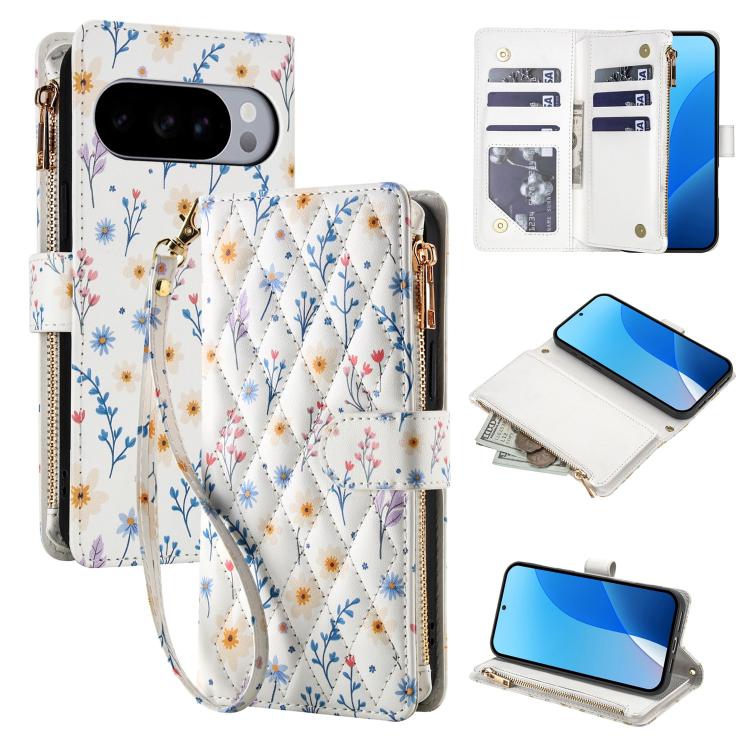 Flower Pattern Zipper Wallet Vegan Leather Phone Case with Lanyard, For Google Pixel 10 Pro XL / 9 Pro XL, For Google Pixel 10 / 10 Pro / 9 / 9 Pro