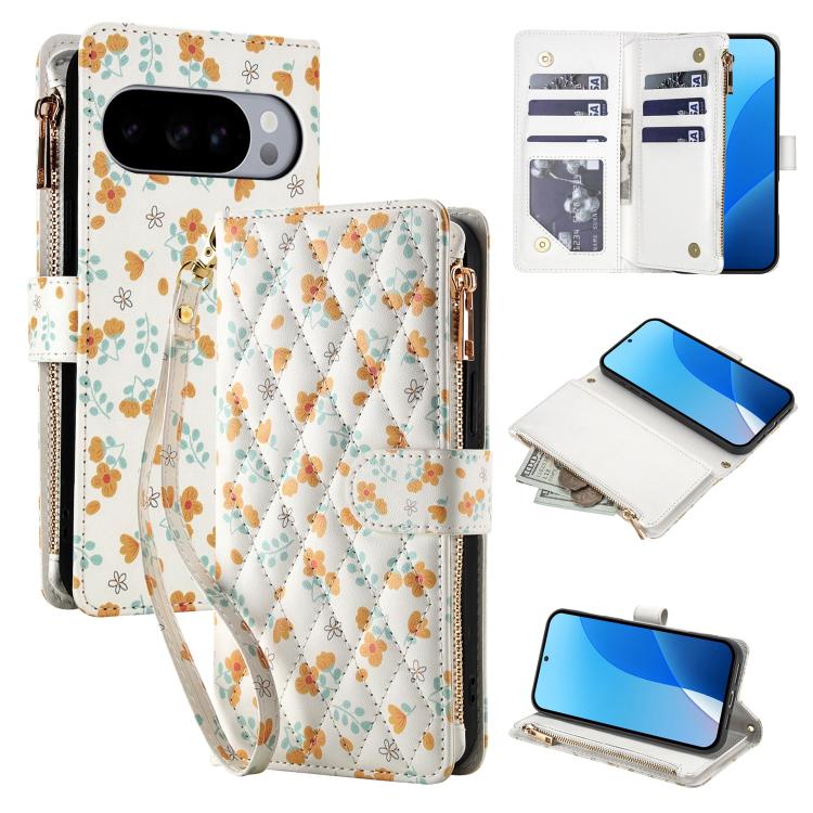 Flower Pattern Zipper Wallet Vegan Leather Phone Case with Lanyard, For Google Pixel 10 Pro XL / 9 Pro XL, For Google Pixel 10 / 10 Pro / 9 / 9 Pro