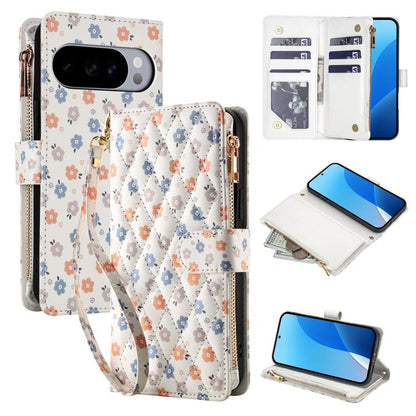 Flower Pattern Zipper Wallet Vegan Leather Phone Case with Lanyard, For Google Pixel 10 Pro XL / 9 Pro XL, For Google Pixel 10 / 10 Pro / 9 / 9 Pro