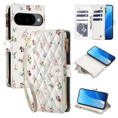 Flower Pattern Zipper Wallet Vegan Leather Phone Case with Lanyard, For Google Pixel 10 Pro XL / 9 Pro XL, For Google Pixel 10 / 10 Pro / 9 / 9 Pro