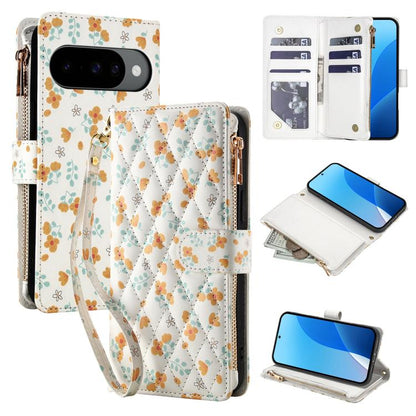 Flower Pattern Zipper Wallet Vegan Leather Phone Case with Lanyard, For Google Pixel 10 Pro XL / 9 Pro XL, For Google Pixel 10 / 10 Pro / 9 / 9 Pro