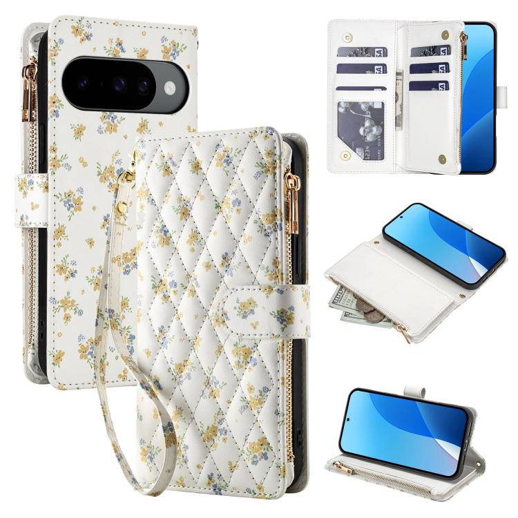 Flower Pattern Zipper Wallet Vegan Leather Phone Case with Lanyard, For Google Pixel 10 Pro XL / 9 Pro XL, For Google Pixel 10 / 10 Pro / 9 / 9 Pro