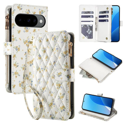 Flower Pattern Zipper Wallet Vegan Leather Phone Case with Lanyard, For Google Pixel 10 Pro XL / 9 Pro XL, For Google Pixel 10 / 10 Pro / 9 / 9 Pro