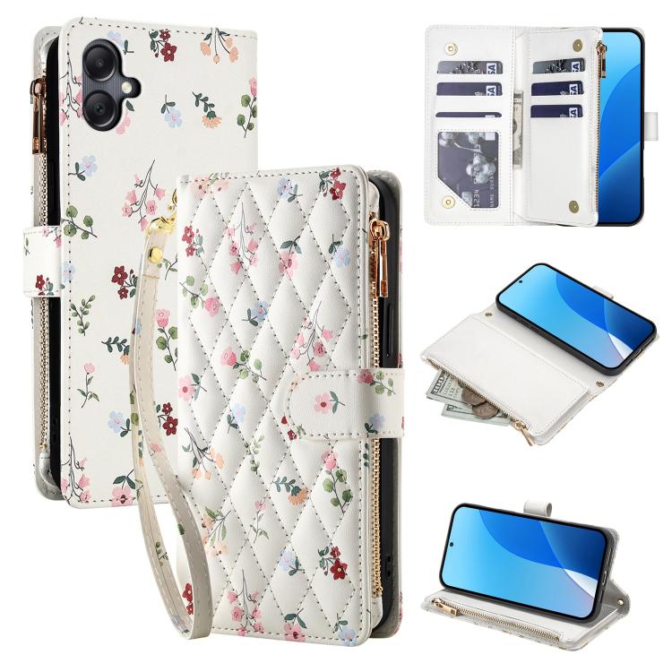 Flower Pattern Zipper Wallet Vegan Leather Phone Case with Lanyard, For Samsung Galaxy A57 5G, For Samsung Galaxy A37 5G / A36 5G / A56 5G, For Samsung Galaxy A17 / A26 5G, For Samsung Galaxy A06 / A07, For Samsung Galaxy A16 4G / 5G                   ...