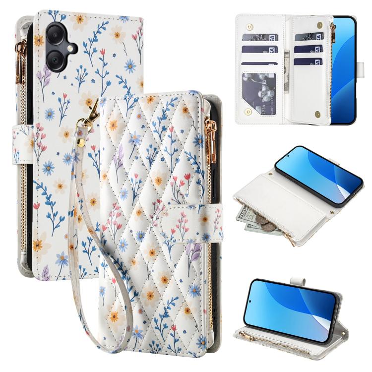 Flower Pattern Zipper Wallet Vegan Leather Phone Case with Lanyard, For Samsung Galaxy A57 5G, For Samsung Galaxy A37 5G / A36 5G / A56 5G, For Samsung Galaxy A17 / A26 5G, For Samsung Galaxy A06 / A07, For Samsung Galaxy A16 4G / 5G                   ...