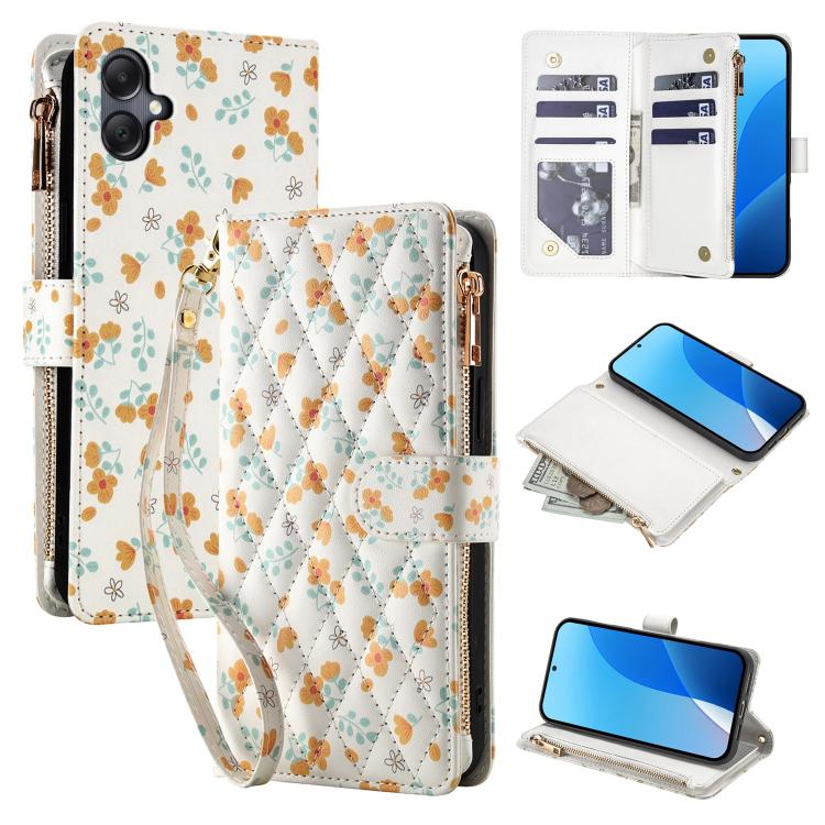 Flower Pattern Zipper Wallet Vegan Leather Phone Case with Lanyard, For Samsung Galaxy A57 5G, For Samsung Galaxy A37 5G / A36 5G / A56 5G, For Samsung Galaxy A17 / A26 5G, For Samsung Galaxy A06 / A07, For Samsung Galaxy A16 4G / 5G                   ...