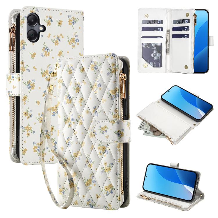 Flower Pattern Zipper Wallet Vegan Leather Phone Case with Lanyard, For Samsung Galaxy A57 5G, For Samsung Galaxy A37 5G / A36 5G / A56 5G, For Samsung Galaxy A17 / A26 5G, For Samsung Galaxy A06 / A07, For Samsung Galaxy A16 4G / 5G                   ...