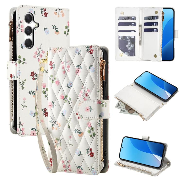 Flower Pattern Zipper Wallet Vegan Leather Phone Case with Lanyard, For Samsung Galaxy A57 5G, For Samsung Galaxy A37 5G / A36 5G / A56 5G, For Samsung Galaxy A17 / A26 5G, For Samsung Galaxy A06 / A07, For Samsung Galaxy A16 4G / 5G                   ...