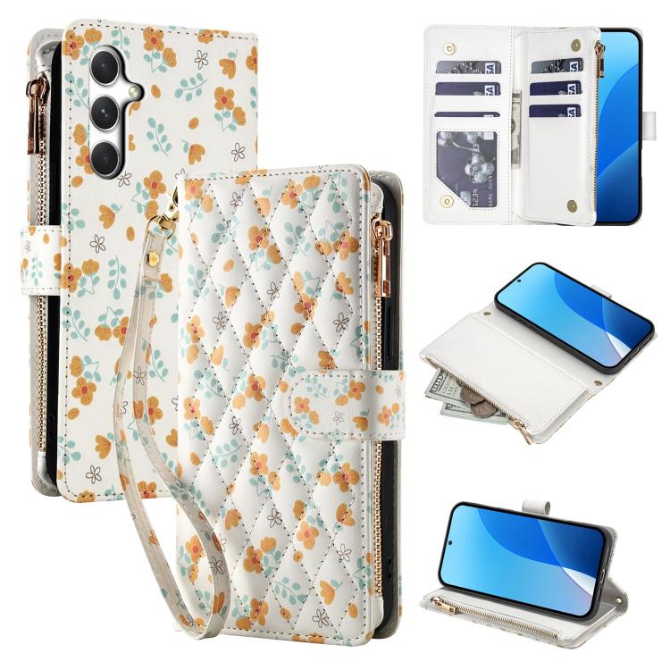 Flower Pattern Zipper Wallet Vegan Leather Phone Case with Lanyard, For Samsung Galaxy A57 5G, For Samsung Galaxy A37 5G / A36 5G / A56 5G, For Samsung Galaxy A17 / A26 5G, For Samsung Galaxy A06 / A07, For Samsung Galaxy A16 4G / 5G                   ...