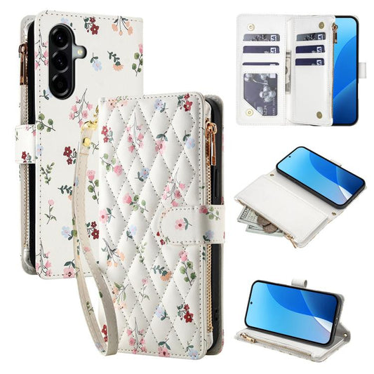 Flower Pattern Zipper Wallet Vegan Leather Phone Case with Lanyard, For Samsung Galaxy A57 5G, For Samsung Galaxy A37 5G / A36 5G / A56 5G, For Samsung Galaxy A17 / A26 5G, For Samsung Galaxy A06 / A07, For Samsung Galaxy A16 4G / 5G