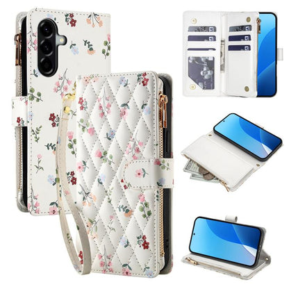 Flower Pattern Zipper Wallet Vegan Leather Phone Case with Lanyard, For Samsung Galaxy A57 5G, For Samsung Galaxy A37 5G / A36 5G / A56 5G, For Samsung Galaxy A17 / A26 5G, For Samsung Galaxy A06 / A07, For Samsung Galaxy A16 4G / 5G                   ...