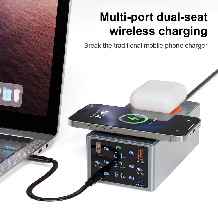 220W Multi-Port Smart Desktop Charging Station with 15W Dual Wireless Charging Function, AU Plug, EU Plug, UK Plug, US Plug