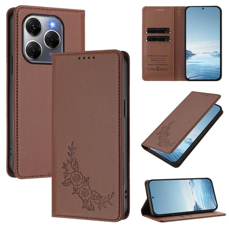 Peony Embossed Magnetic RFID Vegan Leather Phone Case, For Tecno Camon 30S / 30S Pro, For Tecno Pova 6 Neo 5G / Spark 30 5G, For Tecno Spark 30 Pro 4G, For Tecno Spark 30 4G, For Tecno Spark 30C 4G, For Tecno Spark 20 Pro 5G, For Tecno Spark 10 Pro Mag...