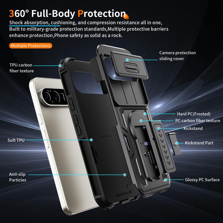 Slid Camera Shield Invisible Holder PC Hybrid TPU Phone Case, For Google Pixel 10 Pro XL, For Google Pixel 10 / 10 Pro / 9 / 9 Pro