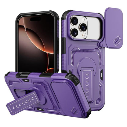 Slid Camera Shield Invisible Holder PC Hybrid TPU Phone Case, For iPhone 17e / 16e, For iPhone 17 Pro Max, For iPhone 17 Pro, For iPhone 17, For iPhone Air, For iPhone 16 Pro Max, For iPhone 16 Pro