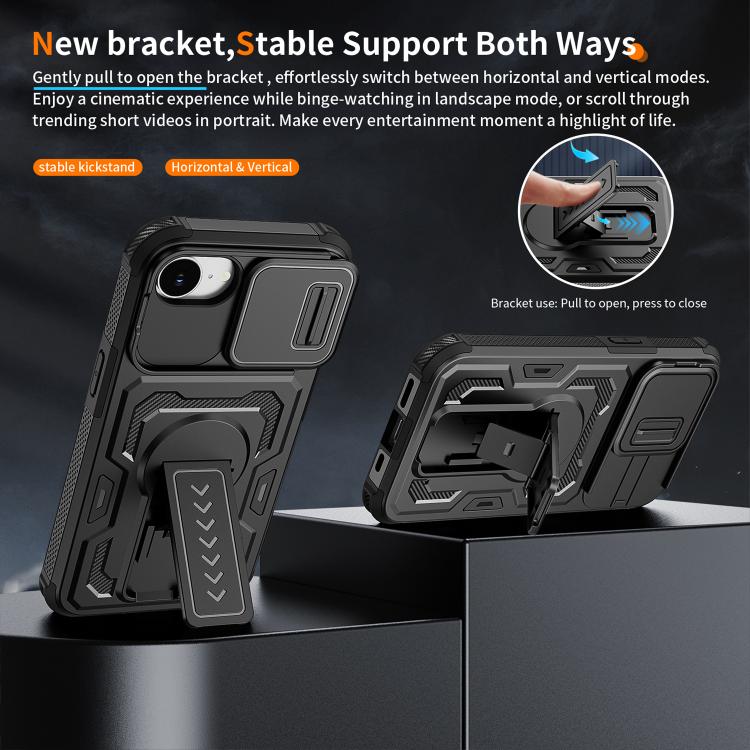 Slid Camera Shield Invisible Holder PC Hybrid TPU Phone Case, For iPhone 17e / 16e, For iPhone 17 Pro Max, For iPhone 17 Pro, For iPhone 17, For iPhone Air, For iPhone 16 Pro Max, For iPhone 16 Pro
