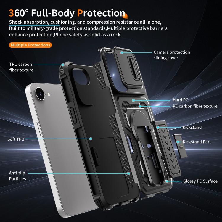 Slid Camera Shield Invisible Holder PC Hybrid TPU Phone Case, For iPhone 17e / 16e, For iPhone 17 Pro Max, For iPhone 17 Pro, For iPhone 17, For iPhone Air, For iPhone 16 Pro Max, For iPhone 16 Pro