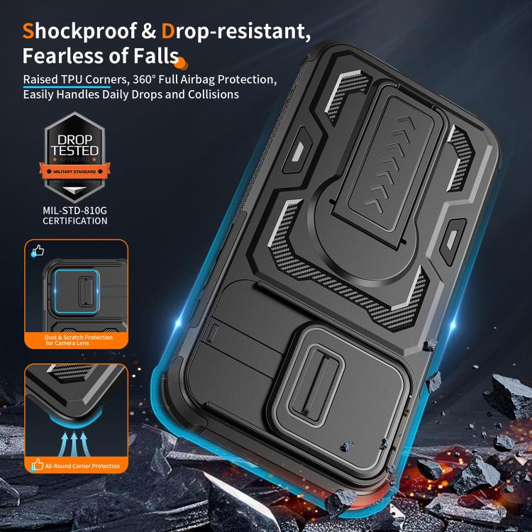 Slid Camera Shield Invisible Holder PC Hybrid TPU Phone Case, For iPhone 17e / 16e, For iPhone 17 Pro Max, For iPhone 17 Pro, For iPhone 17, For iPhone Air, For iPhone 16 Pro Max, For iPhone 16 Pro
